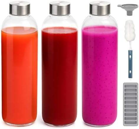 Bouteilles d'eau en verre transparent avec bouchons en acier inoxydable, 946 ml (32 oz), lot de 3 Bouteilles d'eau en verre transparent avec bouchons en acier inoxydable, 946 ml (32 oz), lot de 3