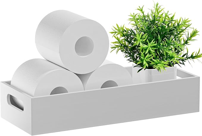 Porte-papier toilette en bambou avec poignée, plateau de rangement pour salle de bain, panier à papier toilette, organisateur de rangement pour réservoir de toilettes, blanc