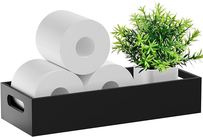 Porte-papier toilette en bambou avec poignée, plateau de rangement pour salle de bain, panier de rangement pour papier toilette, à poser sur le réservoir des toilettes ou le plan de travail, naturel, noir