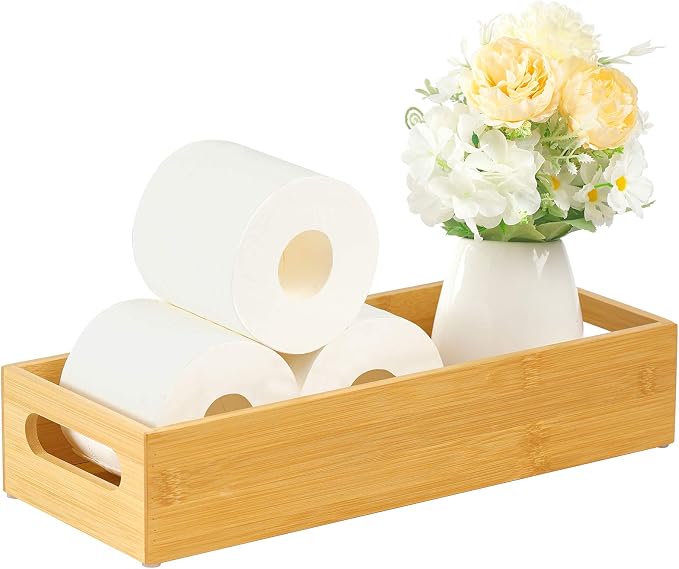 Plateau de toilette en bambou avec poignées, rangement pour papier toilette, panier de rangement pour réservoir supérieur/plan de travail, naturel, 37,8 x 15 cm