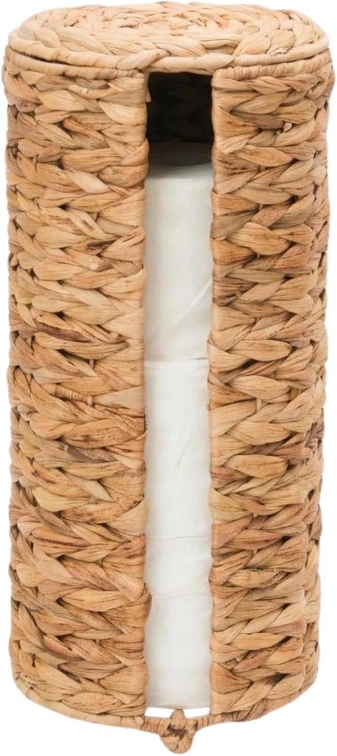 Porte-papier toilette sur pied en jacinthe d'eau, pouvant contenir 3 rouleaux de papier toilette, avec couvercle amovible et ouverture frontale facile d'accès.