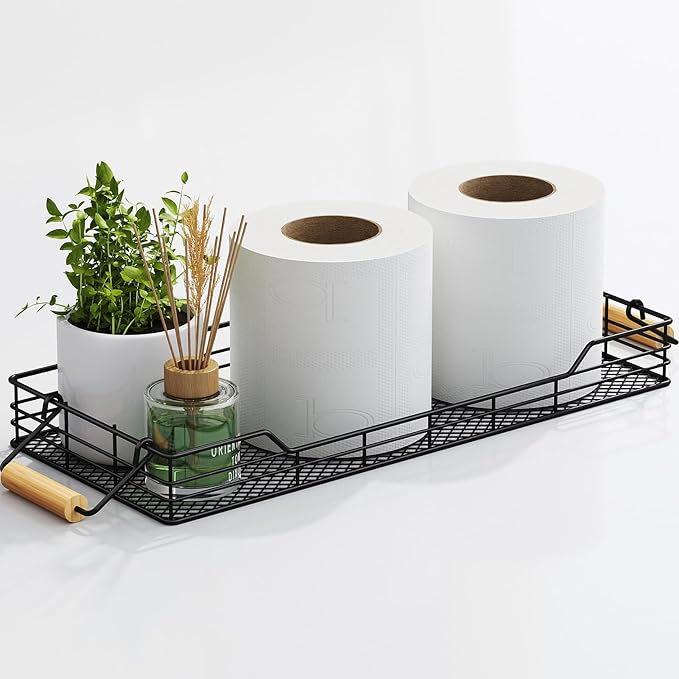 Panier de rangement en métal pour papier toilette, plateau de rangement pour réservoir de toilettes avec poignée en bambou, à poser sur le plan de travail ou la coiffeuse, noir.