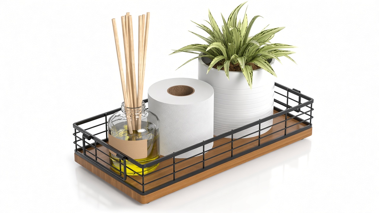 Panier à papier toilette, panier de salle de bain de 33 cm (13 pouces), organisateur de rangement pour produits de toilette, plateau de réservoir de toilettes, pour le salon et la cuisine, noyer