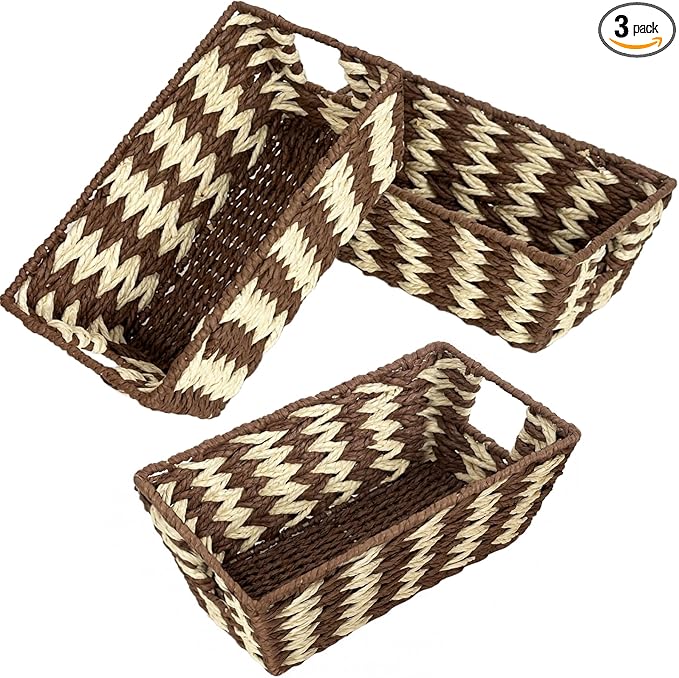 Paniers de rangement en corde tressée pour étagères, petits paniers de rangement en osier tressé à la main avec poignée, idéaux pour ranger le papier toilette dans la salle de bain, beige et marron, lot de 3