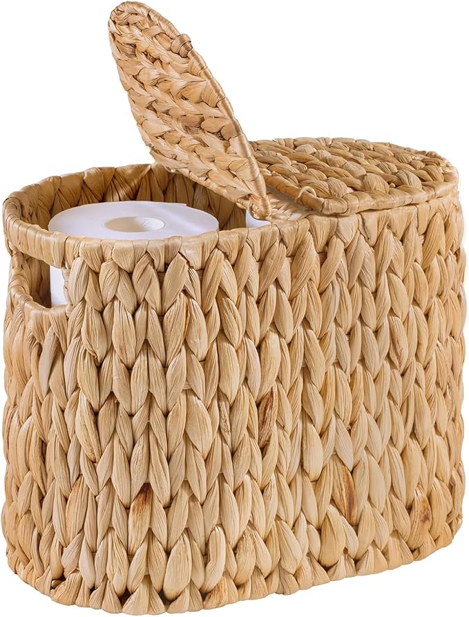 Panier de rangement en jacinthe d'eau avec poignées intégrées, autoportant et doté d'un couvercle, idéal pour ranger papier toilette, magazines, articles de toilette et produits d'entretien.