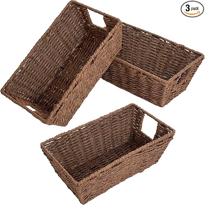 Paniers de rangement en corde tressée pour étagères, petits paniers de rangement en osier tressé à la main avec poignée, marron, lot de 3, pour ranger le papier toilette dans la salle de bain.