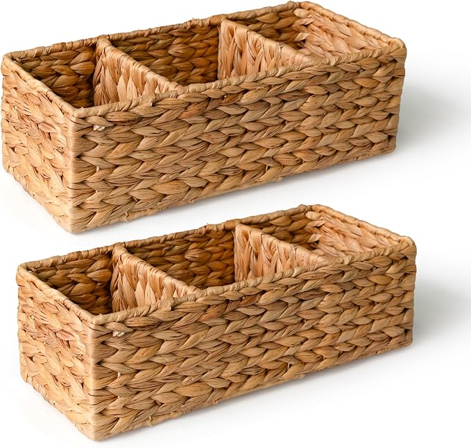 Lot de 2 paniers de rangement en jacinthe d'eau, 3 compartiments, panier en osier tressé pouvant servir de porte-papier toilette, de panier pour la coiffeuse, la salle de bain, le garde-manger ou comme décoration de table basse.