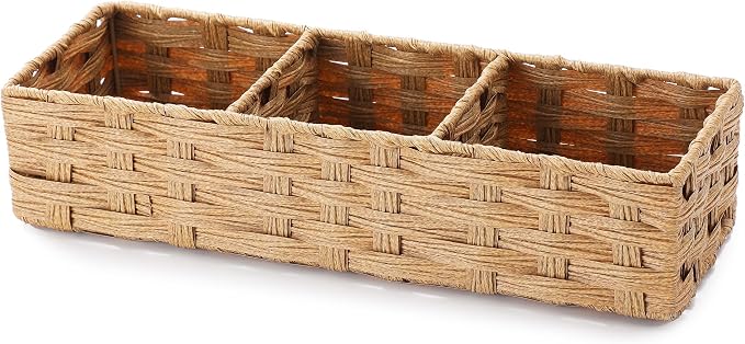 Panier à papier toilette à poser sur le réservoir, panier en plastique tressé à la main, multi-usage, avec séparateur pour étagères, décoration rustique pour salle de bain, style ferme, jaune clair